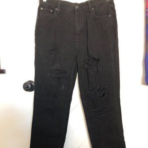 Black Denim High-Rise Frayed Mom Jeans